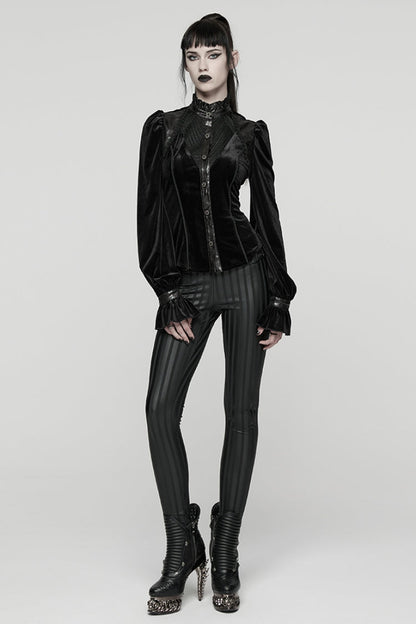 Black Stand Collar Long Puff Sleeves Stitching Lace-Up Women's Gothic Coat