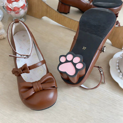 Round Toe Bow Mid Heel Lolita Mary Jane Shoes with Cat Paw Heels 7 Colors