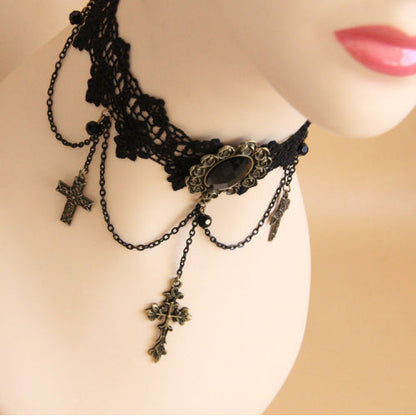 Black Retro Exaggerated Cross Collar Harajuku Style Lace Gothic Lolita Necklace