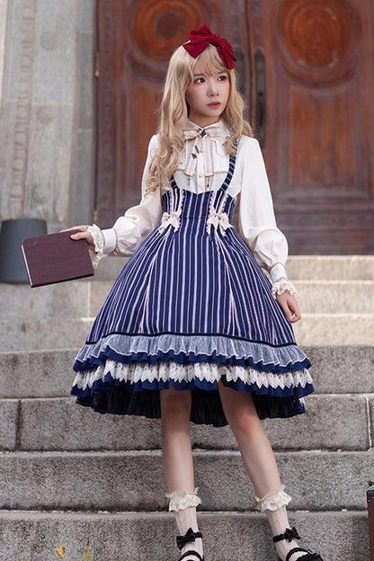 Blue Multi-layer Stripe Print Ruffle Sweet Lolita Jsk Dress