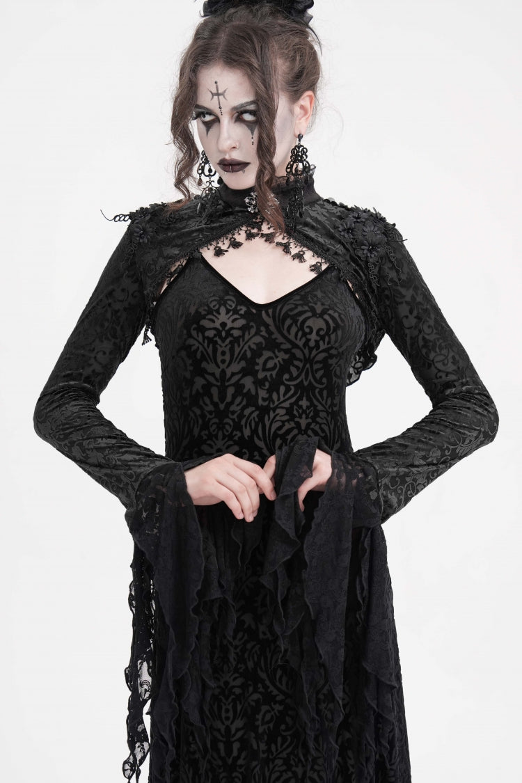 Black Stand Collar Long Sleeves Lace Tassels Women's Gothic Cape