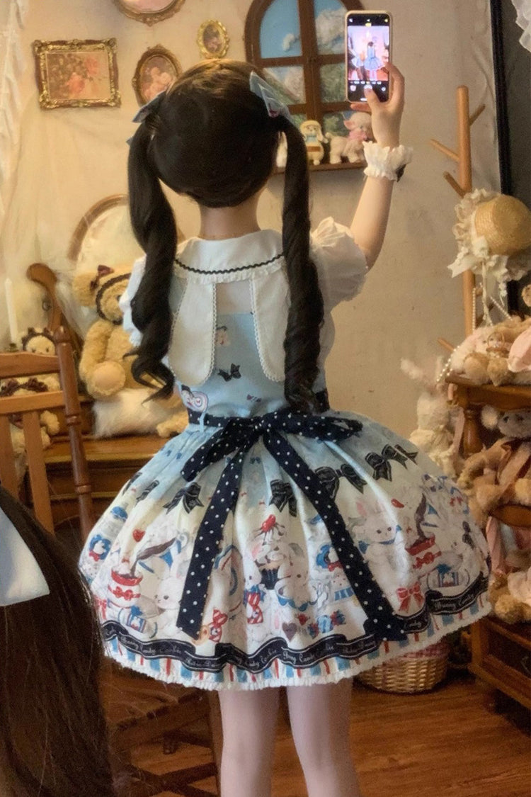 Blue [Mystery Rabbit Tea Party] Sleeveless Print Bowknot Lace Sweet Lolita Strap Dress