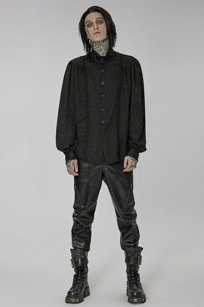 Black Punk Turtleneck Dragon Scale Jacquard Long Lantern Sleeves Lace Edge Men's Shirt