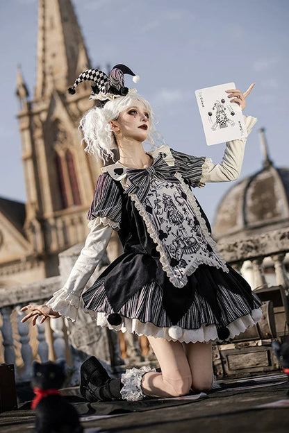 Black [Letters and Poems · Doll Mask] Poker Clown Long Sleeves Ruffled Bow Gothic Lolita Dress Set