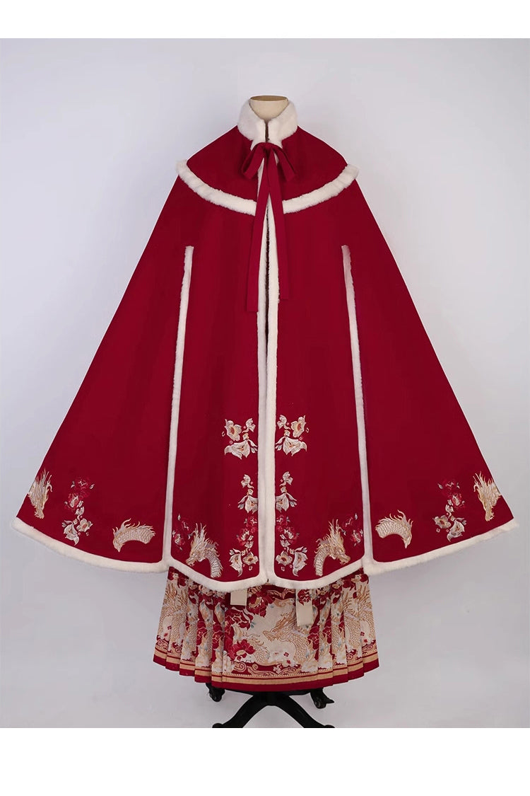 Red Classic Chinese Style V Collar Embroidery Long Sleeves Womens Hanfu Three Piece