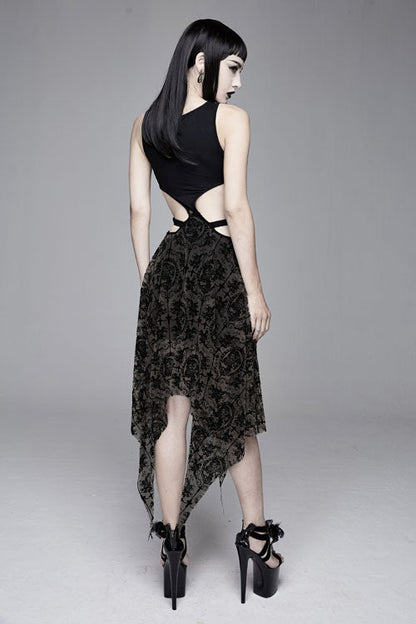 Black Semilucent Queen Cross Flocking Printed Sleeveless Sexy Mesh Gothic Womens Dress