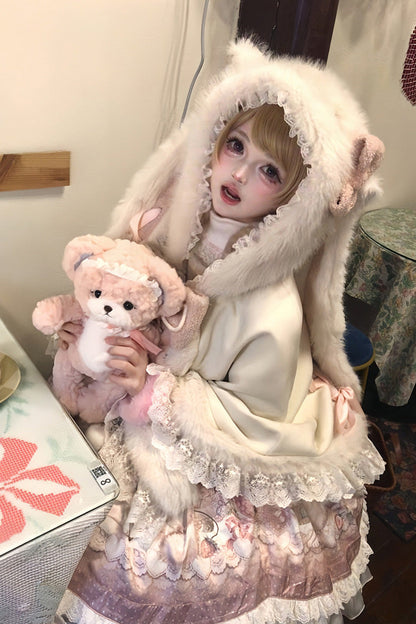 Ivory Cloud-Like Plush Bunny Ear Embroidered Bow Lace Sweet Lolita Cape Coat