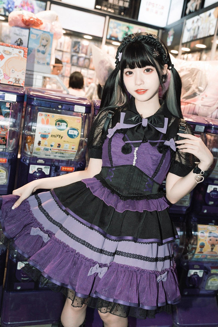 Black/Purple [Cotton Cloud] Lapel Collar Ruffle Bowknot Lace-Up Gothic Lolita Jsk Dress