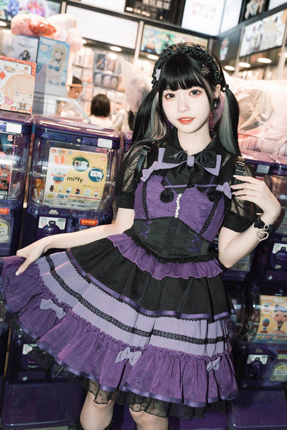 Black/Purple [Cotton Cloud] Lapel Collar Ruffle Bowknot Lace-Up Gothic Lolita Jsk Dress