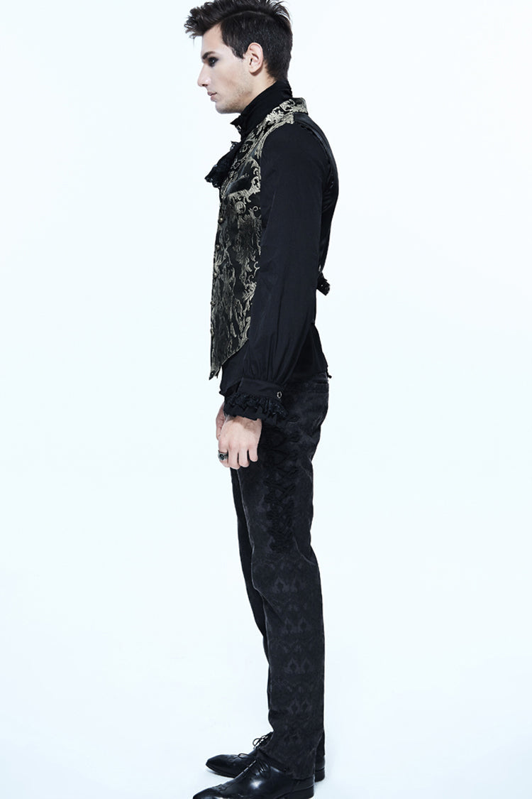 Black/Silver Jacquard Printed Button Men's Gothic Vest