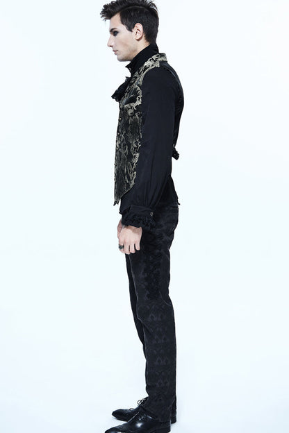 Black/Silver Jacquard Printed Button Men's Gothic Vest