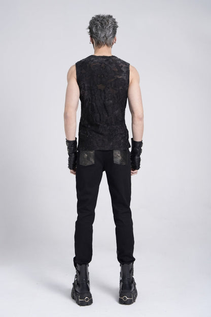 Black Sleeveless Eyelet Strap Distressed Men's Gothic Vest