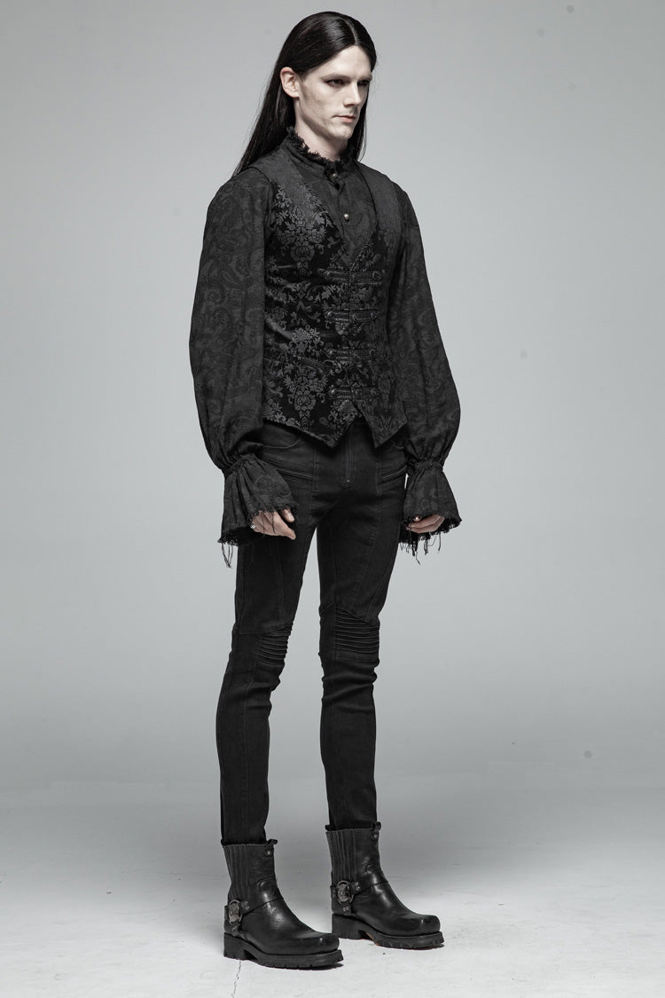 Black Retro Jacquard Front Woven Strap Metal Button Men's Gothic Vest