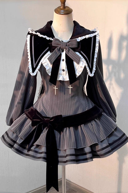 Black [Bizarre Rabbit Opera] Navy Collar Long Sleeves Print Ruffle Bowknot Gothic Lolita Dress