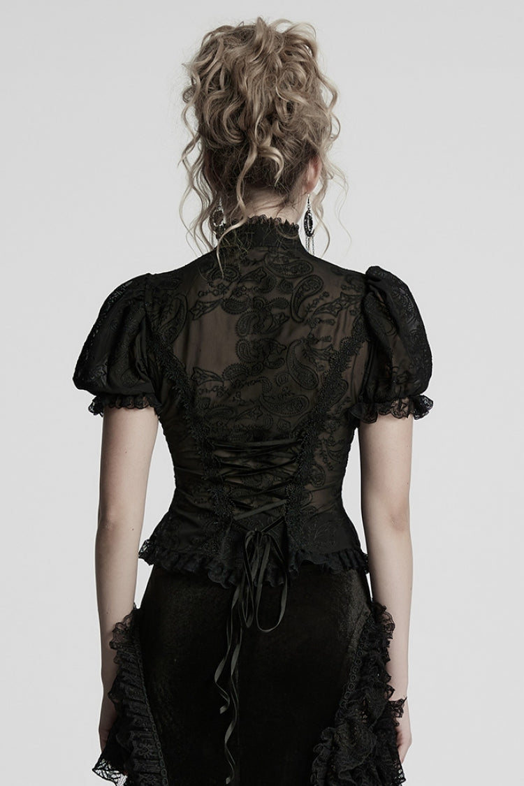 Black Stand Collar Long Puff Sleeves Jacquard Lace Women's Gothic Blouse