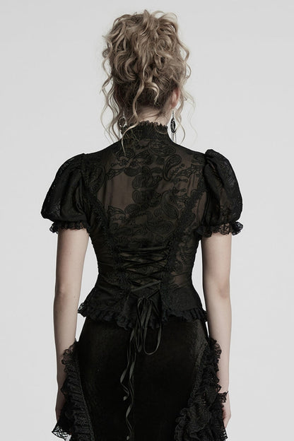 Black Stand Collar Long Puff Sleeves Jacquard Lace Women's Gothic Blouse