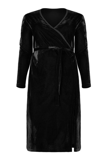 Black Velvet Sexy V-Neck Hollow Out Exquisite Applique Hem Slit Design Corded Long Women's Plus Size Gothic Dress