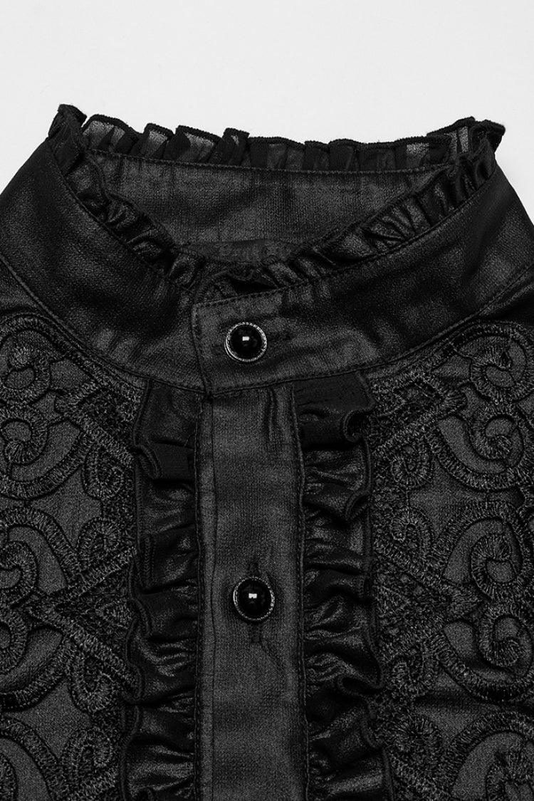 Black Stand Collar Long Sleeves Ruffle Embroidery Men's Gothic Blouse