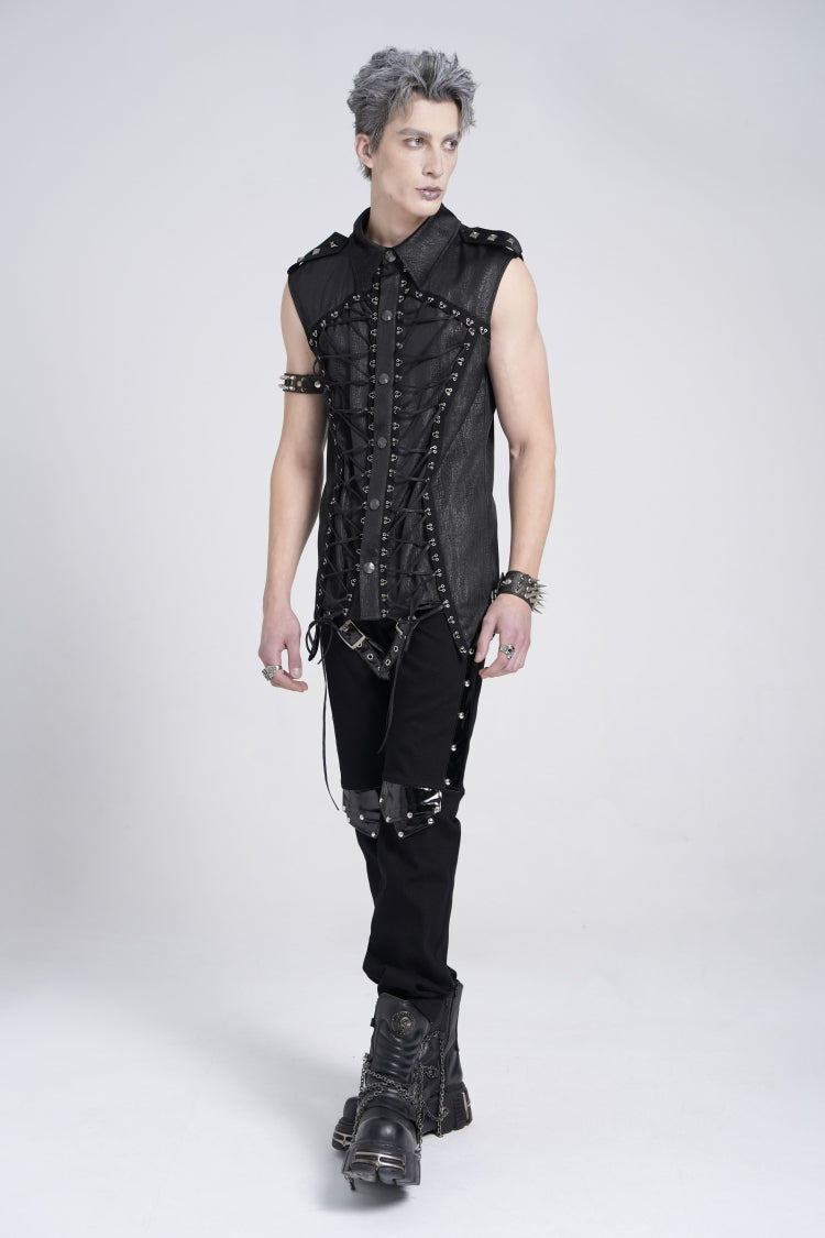 Black Sleeveless Studded Lace-Up Men's Gothic Blouse
