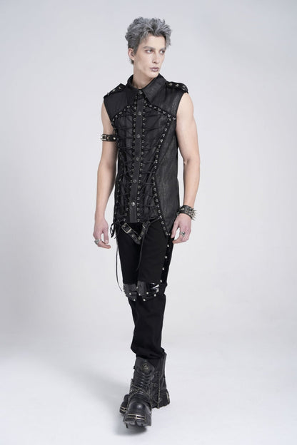 Black Sleeveless Studded Lace-Up Men's Gothic Blouse