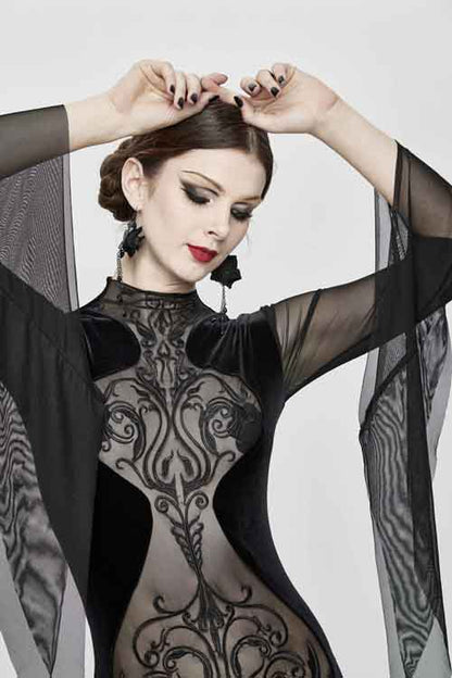 Black Translucent Embroidered Flared Sleeves Sexy Velvet Gothic Womens Dress