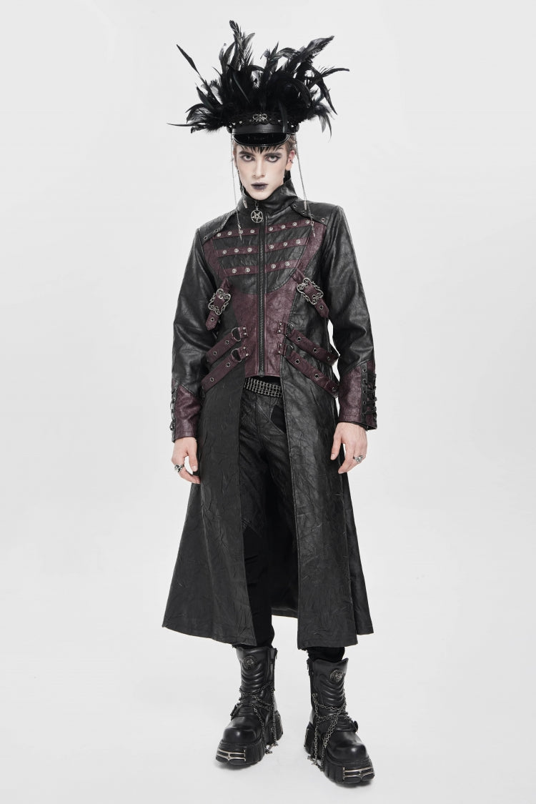 Black/Red Stand Collar Zipper Straps Eyelet Men's Punk Coat