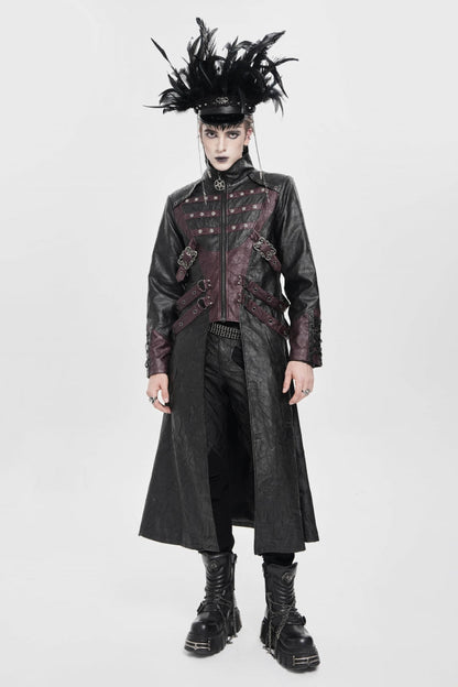 Black/Red Stand Collar Zipper Straps Eyelet Men's Punk Coat