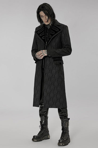 Black Punk Woven Print Large Collar Simple Atmospheric Long Men's Coat