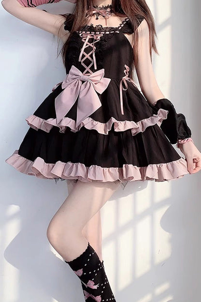 Black/Pink Double Layer Ruffle Bowknot Lace-Up Sweet Princess Lolita Jsk Dress