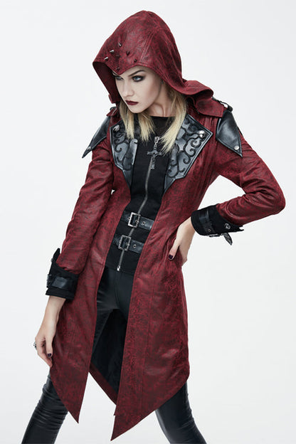 Punk Black And Red Applique Womens Hooded Leather Long Coats