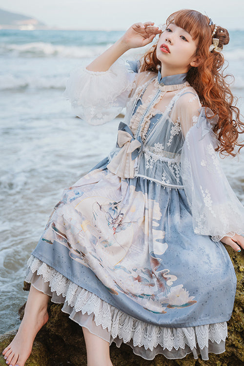 Blue Chinese Mythology Print High Waist Lace Trim Sweet Lolita JSK Dress