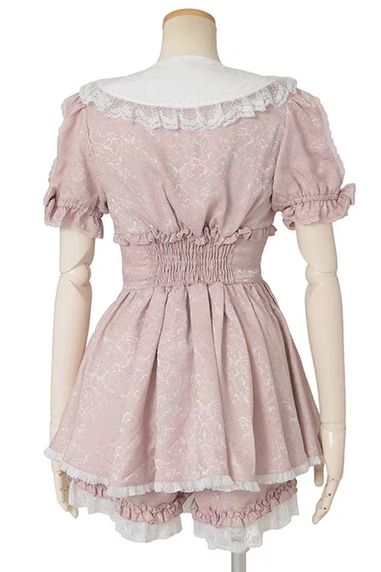 Sweet Lapel Collar Short Sleeves Jacquard Ruffled Bow Lace Jirai Kei Plus Size Japanese Lolita Dress Set 2 Colors