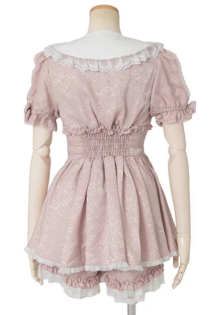 Sweet Lapel Collar Short Sleeves Jacquard Ruffled Bow Lace Jirai Kei Plus Size Japanese Lolita Dress Set 2 Colors