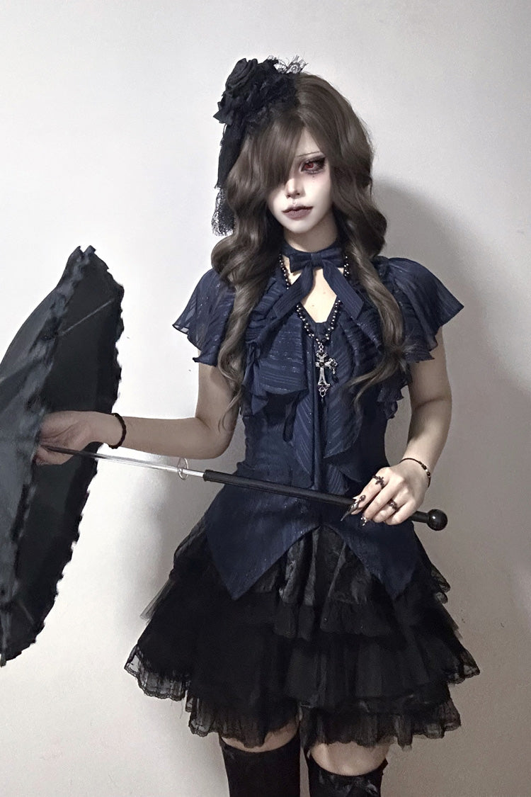Blue Ruffled Bow Gothic Japanese Lolita Blouse