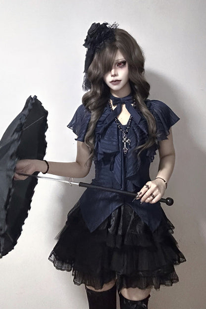 Blue Ruffled Bow Gothic Japanese Lolita Blouse
