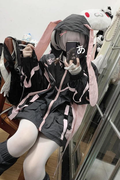 Black/Pink Chip Hacker Cyberpunk Functional Print Hooded Jirai Kei Japanese Sports Coat