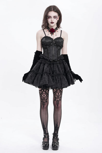 Black Sleeveless Ruffle Embroidery Lace-Up Women's Gothic Tank Top