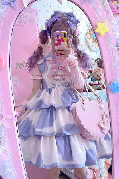 Blue Sleeveless Triple-Layered Cow Print Ruffle Bowknot Sweet Lolita Jsk Dress