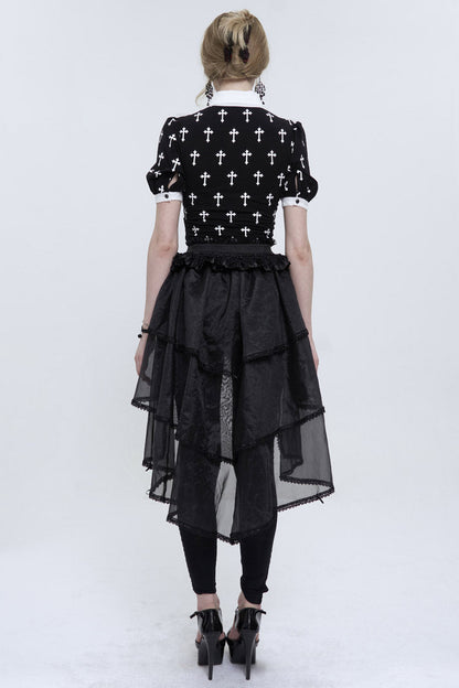 Black/White Cross Printed Chest Paneled Chiffon With Lace Collar Applique? Lace Strap Pendant Women's Punk Shirt