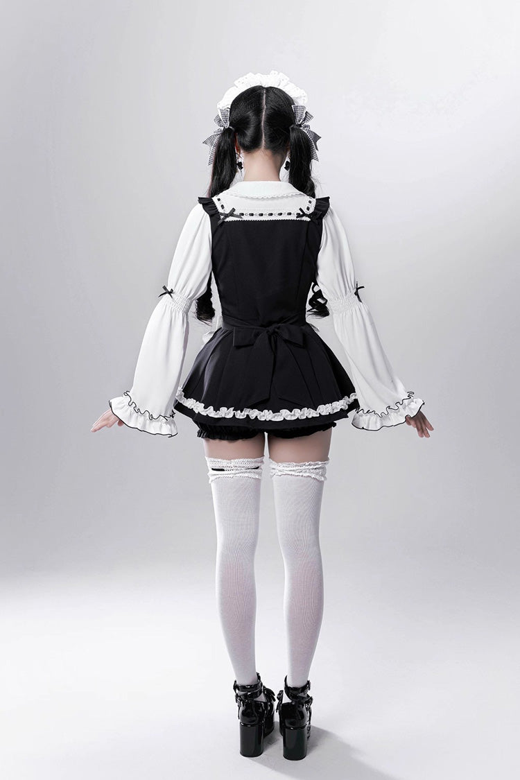 Black/White [Showcase Doll] Japanese Maid-Style Long Sleeves Ruffle Bowknot Jirai Kei Japanese Dress Shorts Set with Detachable Apron