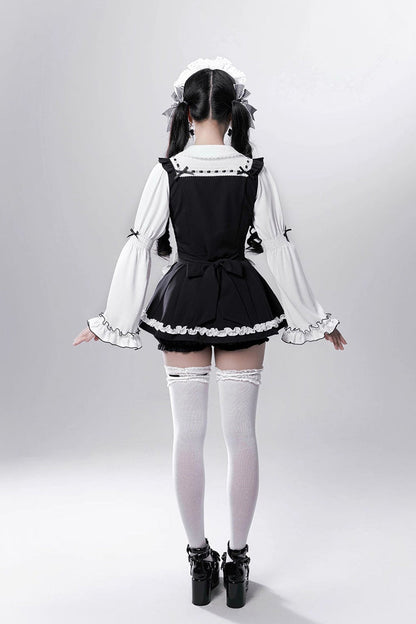 Black/White [Showcase Doll] Japanese Maid-Style Long Sleeves Ruffle Bowknot Jirai Kei Japanese Dress Shorts Set with Detachable Apron
