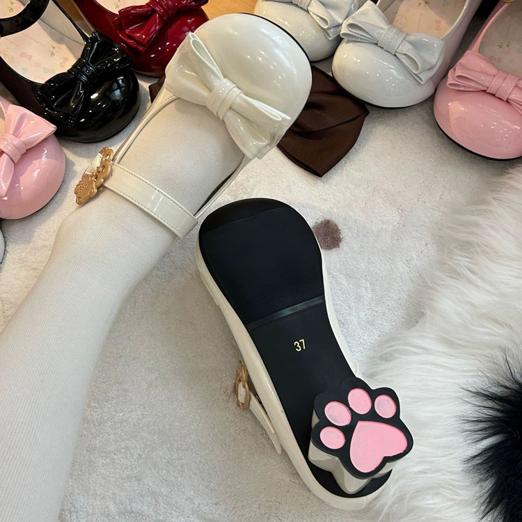 Cute Cat Element Round-Toe Bow Mary Jane Shoes with Cat Paw Heels 7 Colors