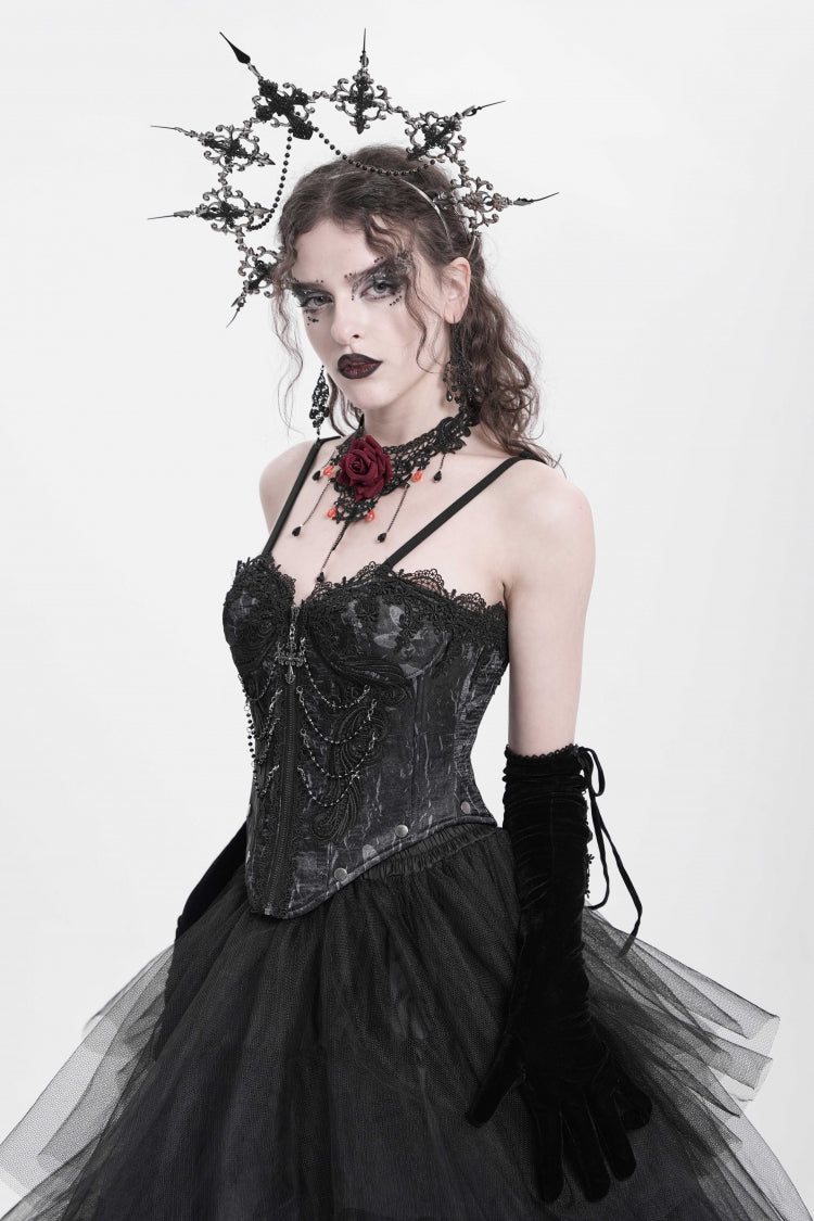 Black Sleeveless Embroidery Lace Chain Women's Gothic Vest