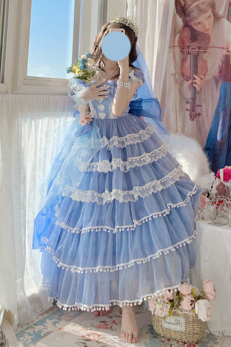 Blue Multi-Layered Ruffled Hanayome Bow Pearl-Decorated Sweet Lolita Jsk Dress Full Set 2 Versions
