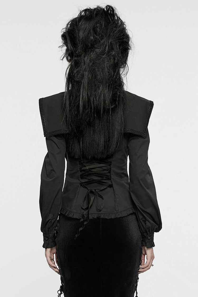 Black Stand Collar Ruffle Lace-Up Women's Gothic Blouse