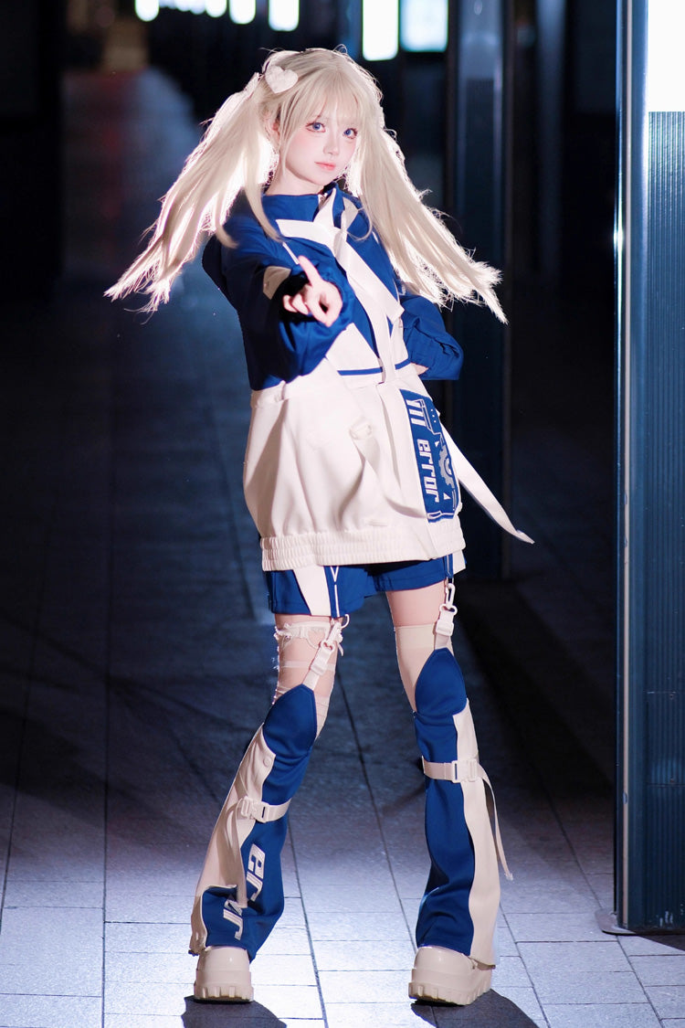 White/Blue [Zero-Type Transformation] Techwear Long Sleeves Embroidered Hooded Punk Jirai Kei Shorts Coat Set