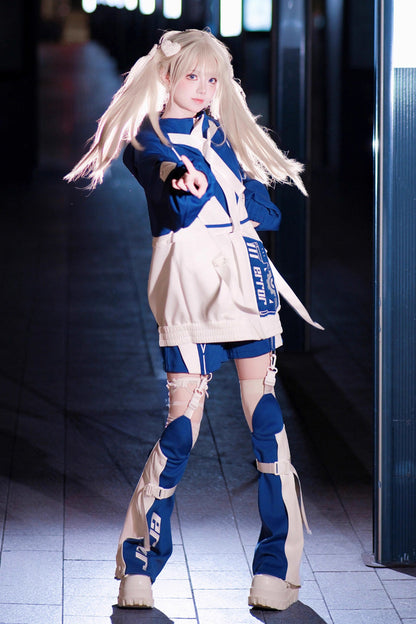 White/Blue [Zero-Type Transformation] Techwear Long Sleeves Embroidered Hooded Punk Jirai Kei Shorts Coat Set