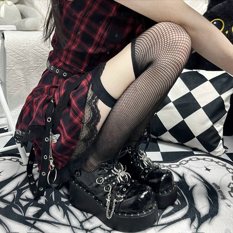 Cracked Black Spider Design Multiple Straps Chain-Decorated Gothic Punk Platform Shoes