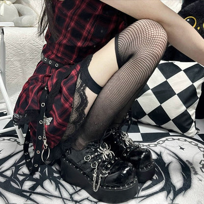 Cracked Black Spider Design Multiple Straps Chain-Decorated Gothic Punk Platform Shoes