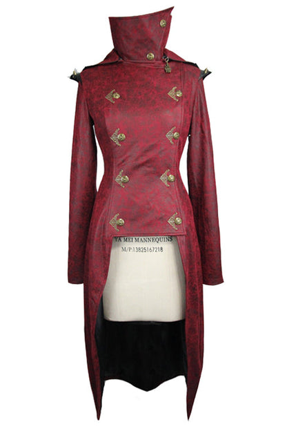Red Short In Front And Long In Back Punk Long Leather Womens Coat